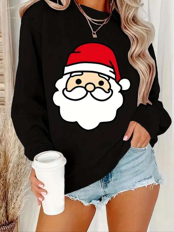 Women's Santa Claus Print Drop Shoulder Sweatshirt, Casual Long Sleeve Thermal Lined Round Neck Pullover for Fall &...