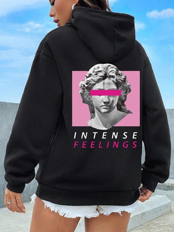Women's Sculpture Graphic Drop Shoulder Hoodie, Letter Print Drawstring Pocket Hooded Sweatshirt for Daily Outdoor Wear,...