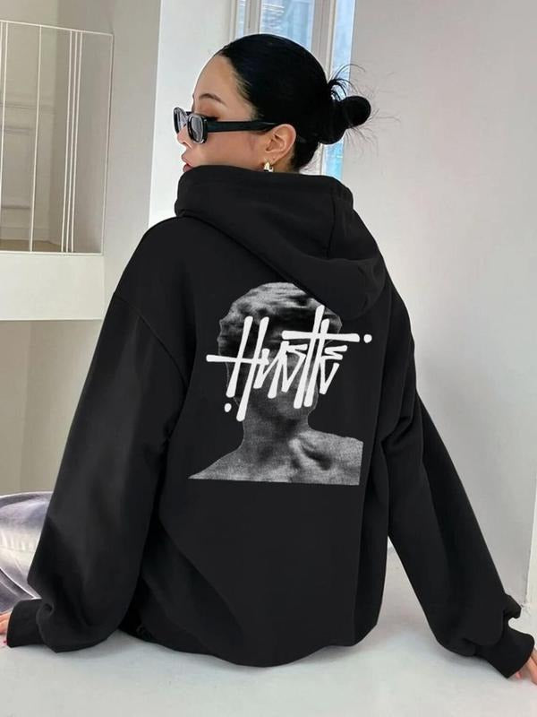 Women's Sculpture Print Drop Shoulder Hoodie, Fashion Casual Drawstring Pocket Hooded Sweatshirt for Daily Holiday...