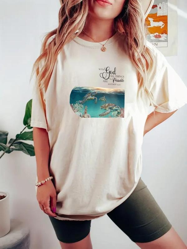 Women's Sea Life & Letter Print Round Neck Tee, Casual Short Sleeve Crew Neck T-shirt for Daily Wear, Ladies Clothes for...