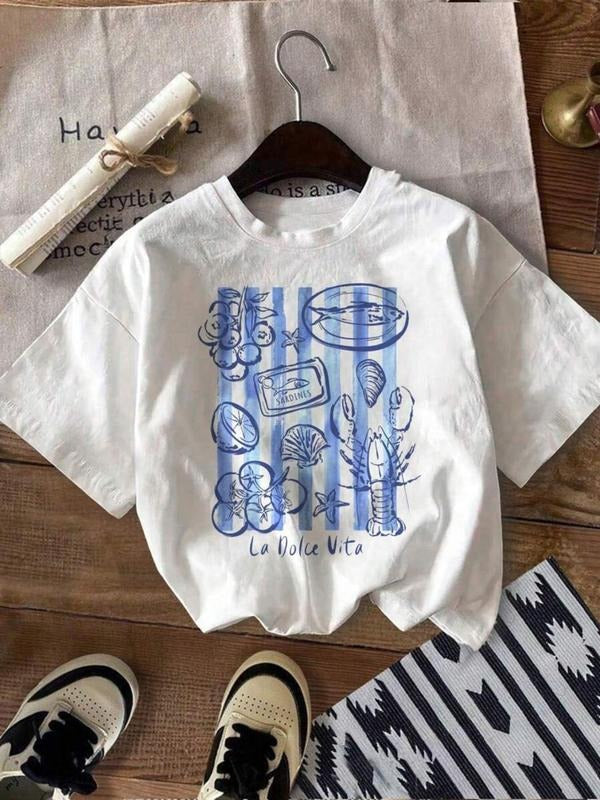 Women's Seafood Print Round Neck Tee, Casual Short Sleeve Crew Neck T-Shirt for Summer, Fashion Women's Top for Daily...