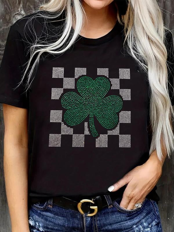 Women's Shamrock & Leaf Print Round Neck Tee, Casual Short Sleeve Crew Neck T-shirt for Summer, Fashion Women's Top for...