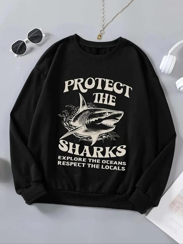 Women's Shark & Letter Print Drop Shoulder Sweatshirt, Casual Long Sleeve Round Neck Pullover for Fall & Winter, Ladies...