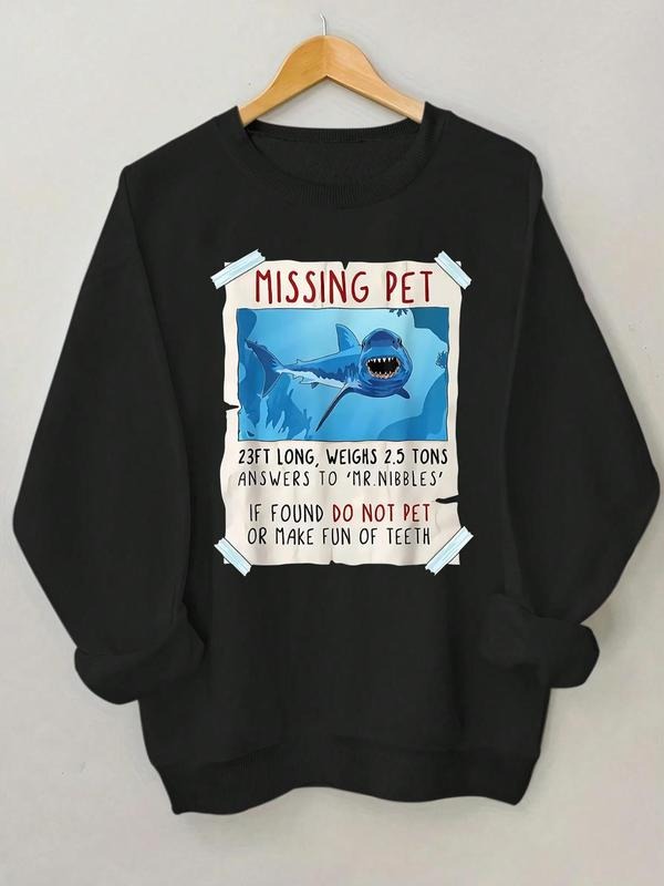 Women's Shark & Letter Print Thermal Lined Round Neck Sweatshirt, Casual Long Sleeve Crew Neck Pullover for Fall &...