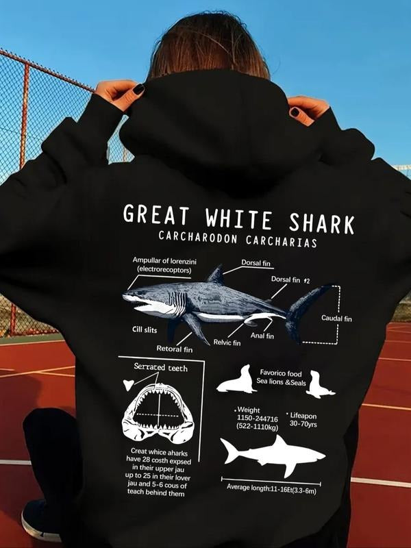 Women's Shark Print Drop Shoulder Hoodie, Fashion Casual Letter Print Drawstring Pocket Hooded Sweatshirt for Daily...