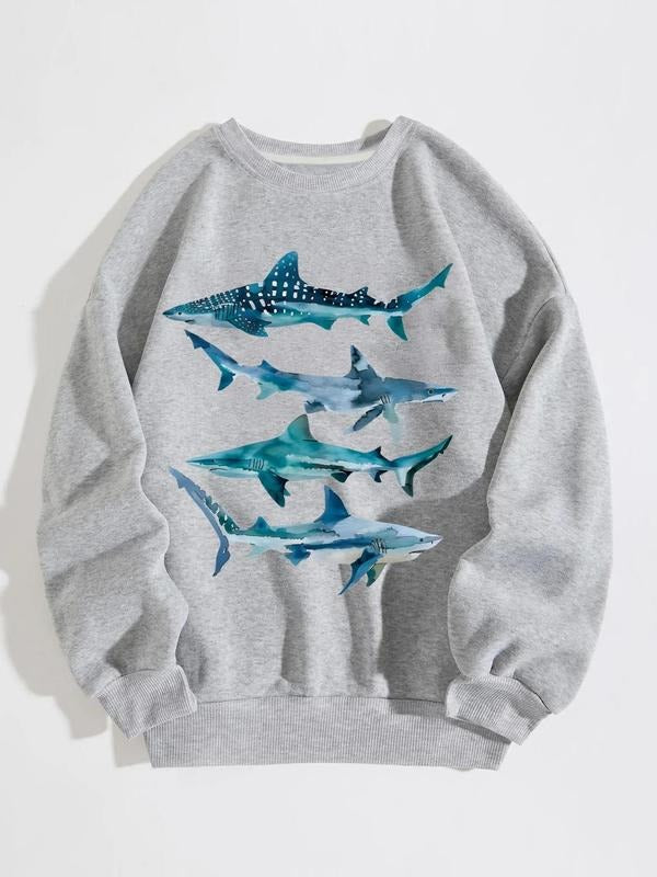 Women's Shark Print Round Neck Sweatshirt, Casual Long Sleeve Crew Neck Pullover for Fall & Winter, Fashion Women's Top...