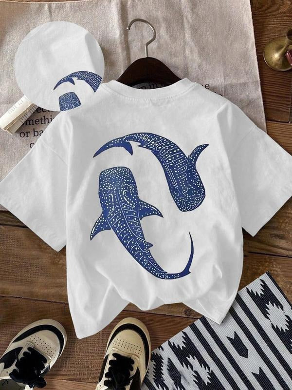 Women's Shark Print Round Neck Tee, Casual Short Sleeve Crew Neck T-Shirt for Daily Wear, Ladies Clothes for All Seasons,...