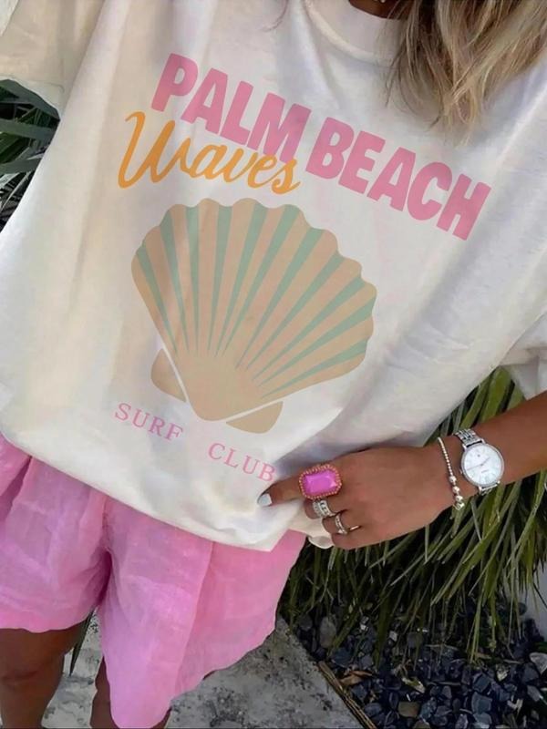 Women's Shell & Letter Print Round Neck Tee, Vintage Trendy Casual Short Sleeve T-shirt for Daily Wear, Ladies Summer...