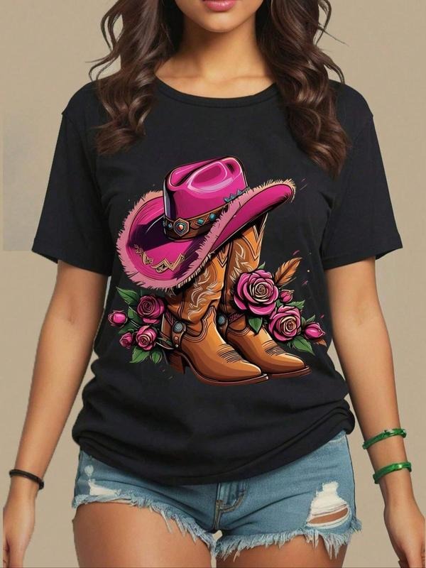 Women's Shoes  & Rose Print Round Neck Tee, Vintage Trendy Casual Short Sleeve T-shirt for Daily Wear, Ladies Summer...