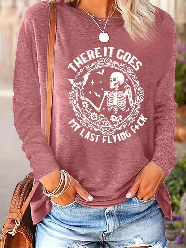 Women's Skeleton & Floral Print Round Neck Tee, Casual Long Sleeve Crew Neck T-shirt for Spring & Fall, Fashion Women's...