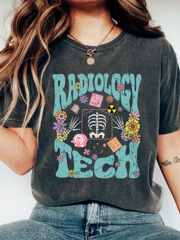Women's Skeleton & Floral Print Round Neck Tee, Casual Short Sleeve Crew Neck T-shirt for Daily Wear, Funny Ladies...