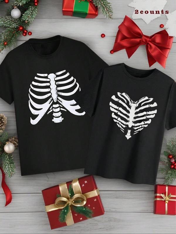 Women's Skeleton & Heart Print Round Neck Tee, Casual Fashion T-shirt for Daily Holiday Vacation Outdoor Wear, Women Tops...