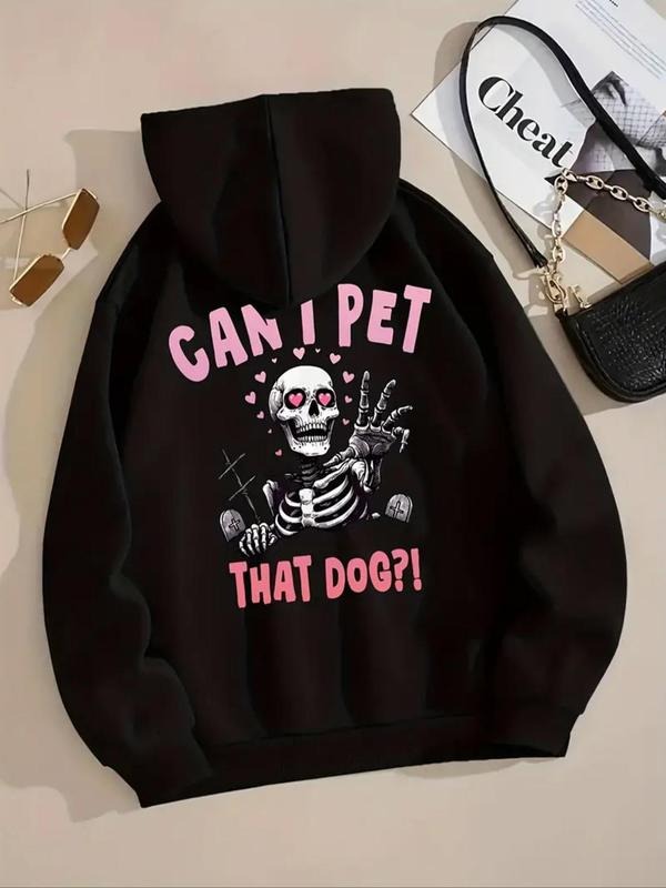 Women's Skeleton & Letter Print Drawstring Hoodie, Fashion Casual Hooded Sweatshirt for Daily Holiday Outdoor Wear, Women...