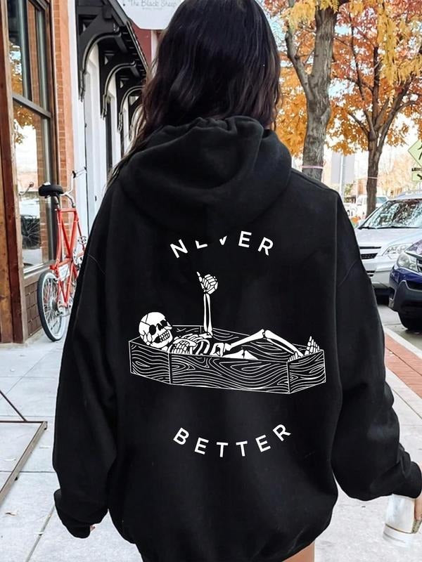 Women's Skeleton & Letter Print Drop Shoulder Hoodie, Fashion Casual Drawstring Pocket Hooded Sweatshirt for Daily...