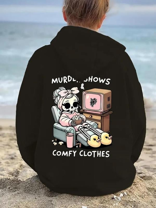 Women's Skeleton & Letter Print Drop Shoulder Thermal Lined Hoodie, Fashion Casual Drawstring Pocket Hooded Sweatshirt...