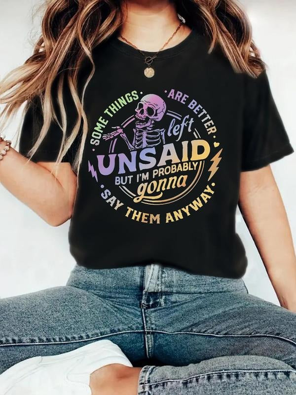 Women's Skeleton & Letter Print Round Neck Tee, Fashion Casual Crew Neck T-Shirt for Daily Holiday Vacation Outdoor Wear,...