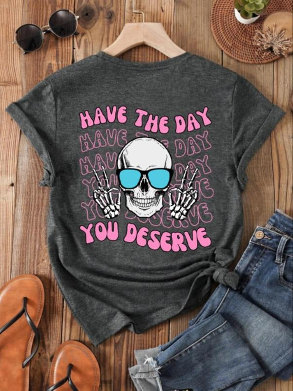 Women's Skeleton & Letter Print Round Neck Tee, Fashion Casual Crew Neck T-Shirt for Daily Holiday Vacation Outdoor Wear,...