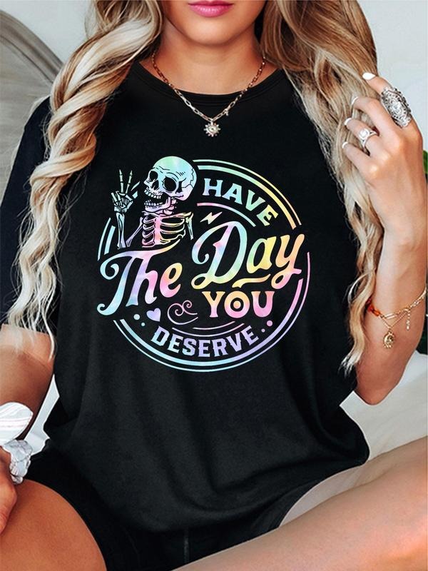 Women's Skeleton & Letter Print Round Neck Tee, Fashion Casual Short Sleeve T-shirt, Ladies Summer Clothes for Daily Wear...