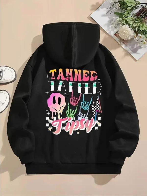 Women's Skeleton Hand & Letter Print Hoodie, Fashion Casual Long Sleeve Hooded Sweatshirt for Daily Holiday Outdoor Wear,...