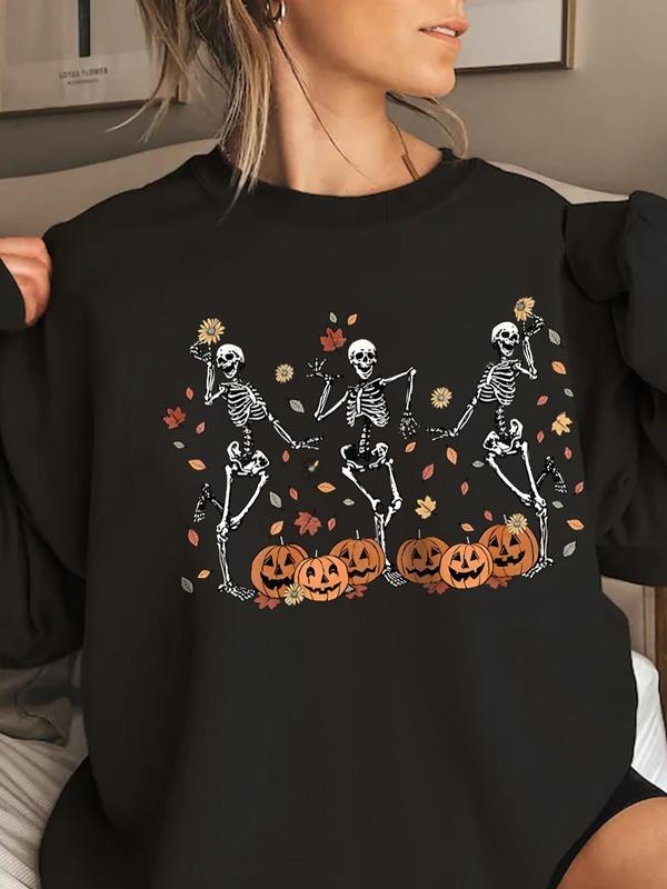 Women's Skeleton Print Round Neck Pullover, Fashion Casual Crew Neck Sweatshirt for Daily Holiday Outdoor Wear, Women...