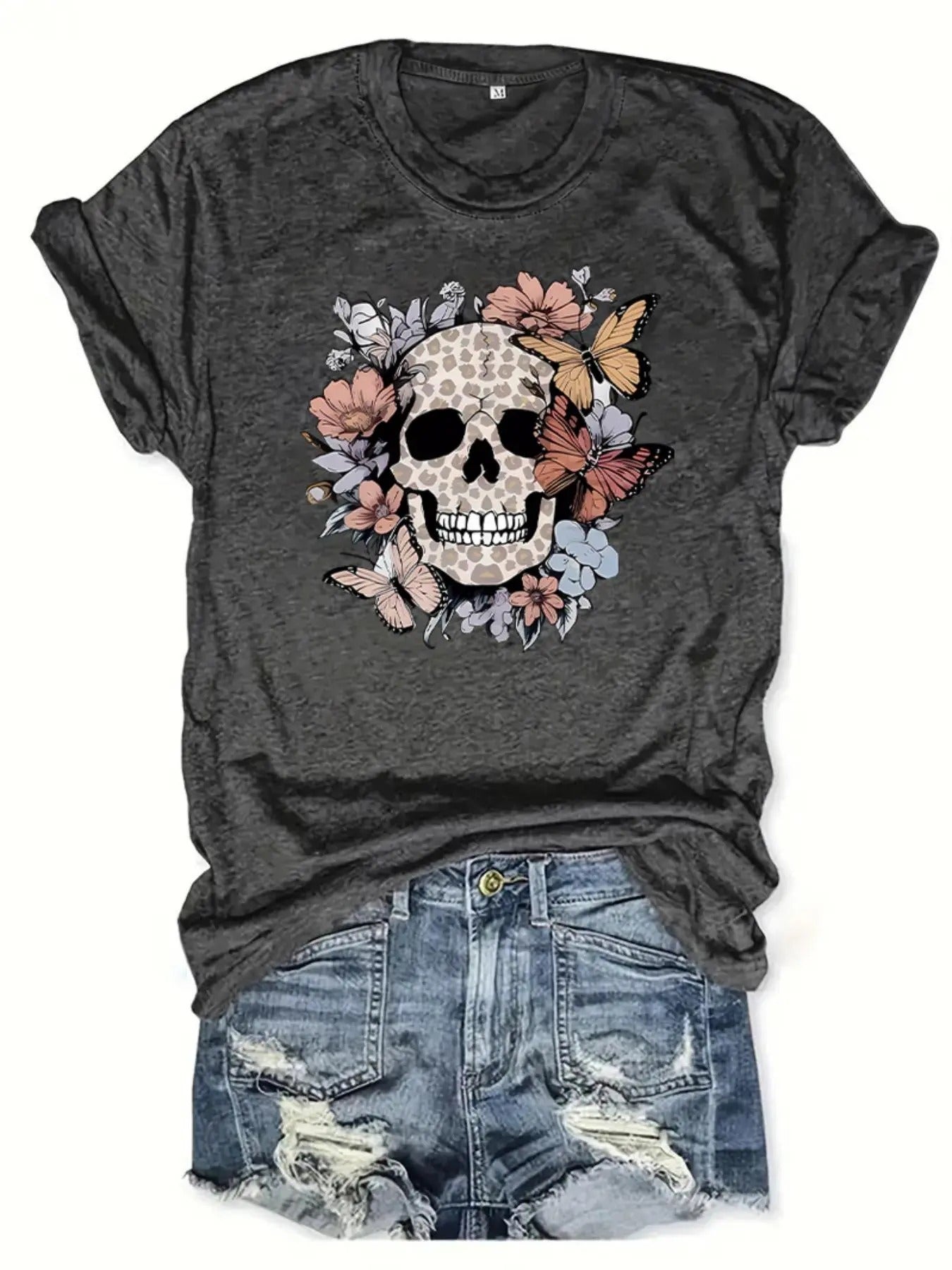 Women's Skull & Butterfly Print Round Neck Tee, Trendy Casual Short Sleeve T-shirt for Daily Wear, Ladies Summer Outfit...