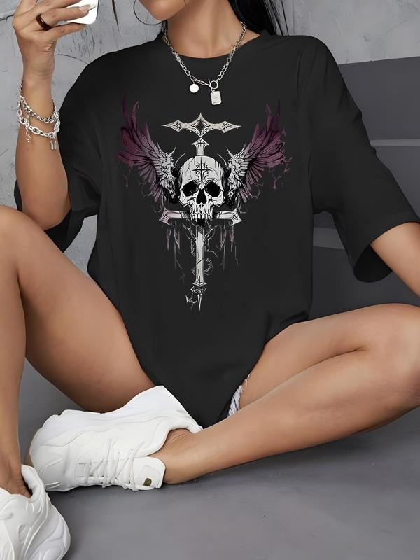 Women's Skull & Cross Print Round Neck Tee, Vintage Trendy Casual Short Sleeve T-shirt for Daily Wear, Ladies All Seasons...