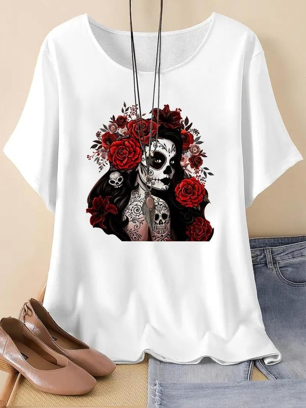 Women's Skull & Floral Print Round Neck Tee, Halloween Themed Fashion Casual Crew Neck Short Sleeve T-Shirt for Daily...