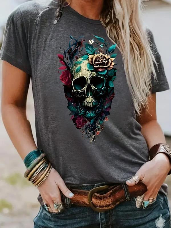 Women's Skull & Floral Print Round Neck Tee, Vintage Trendy Casual Short Sleeve T-shirt for Daily Wear, Ladies Summer,...