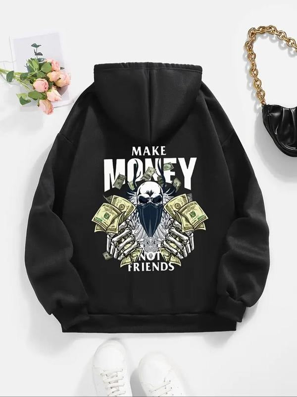 Women's Skull & Letter Print Drawstring Pocket Hoodie, Street Fashion Long Sleeve Hooded Sweatshirt for Daily Holiday...