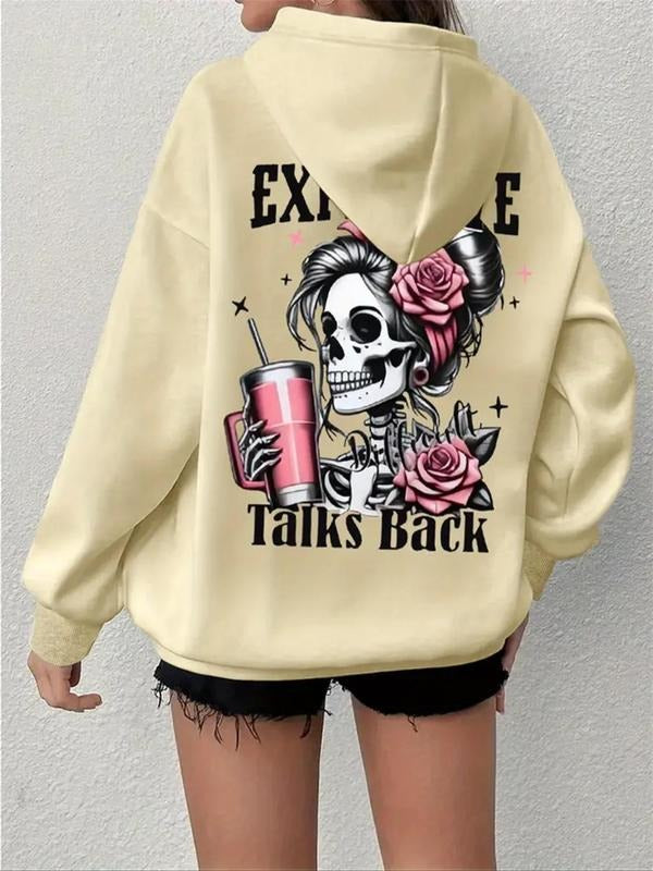 Women's Skull & Letter Print Drawstring Pocket Thermal Lined Hoodie, Fashion Casual Hooded Sweatshirt for Daily Holiday...