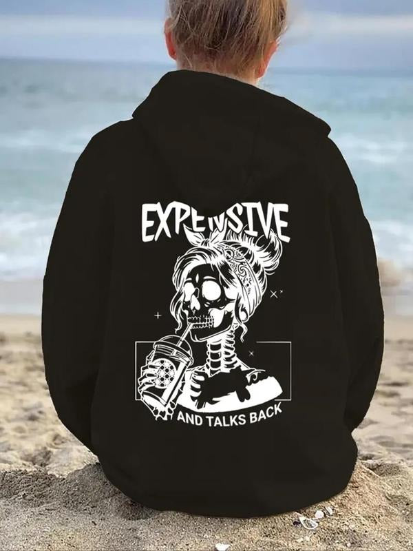 Women's Skull & Letter Print Drop Shoulder Hoodie, Fashion Casual Drawstring Pocket Hooded Sweatshirt for Daily Holiday...