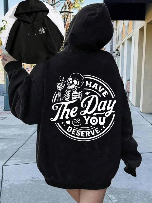 Women's Skull & Letter Print Drop Shoulder Hoodie, Fashion Casual Drawstring Pocket Hooded Sweatshirt for Daily Holiday...