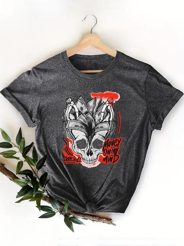 Women's Skull & Money Print Round Neck Tee, Fashion Casual Short Sleeve T-shirt for Daily Wear, Ladies Summer Clothes...
