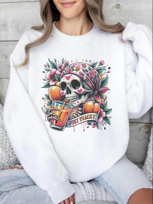 Women's Skull & Peach Print Drop Shoulder Thermal Lined Sweatshirt, Casual Long Sleeve Round Neck Pullover for Fall &...
