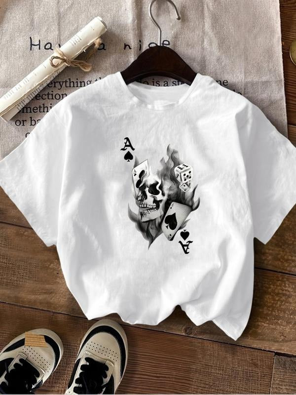Women's Skull & Playing Card Print Round Neck Tee, Fashion Casual Crew Neck Drop Shoulder Crop T-Shirt for Daily Holiday...