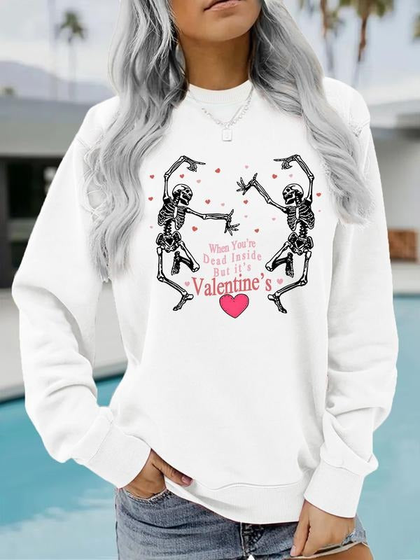 Women's Skull Pattern Round Neck Valentine's Day Sweatshirt, Casual Fitted Pullover, Medium Stretch, All-Season Comfort...
