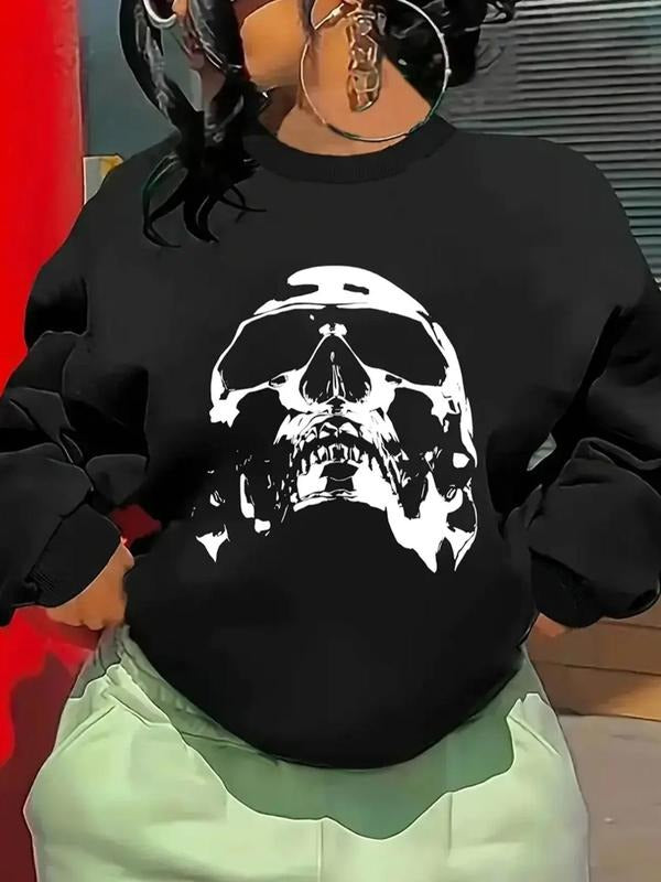 Women's Skull Print Crew Neck Sweatshirt, Casual Long Sleeve Pullover Sweatshirt for Fall & Winter, Women's Clothes for...