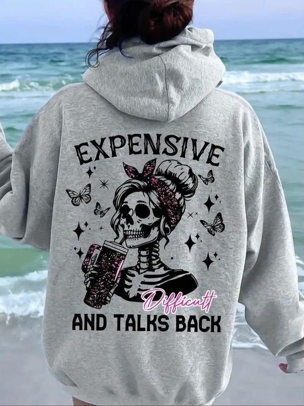 Women's Skull Print Drawstring Hoodie, Casual Long Sleeve Hooded Sweatshirt for Daily Holiday Outdoor Wear, Ladies...