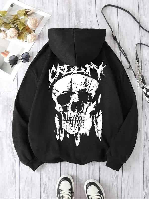 Women's Skull Print Drawstring Pocket Hoodie, Casual Drop Shoulder Long Sleeve Hooded Sweatshirt, Ladies Fall & Winter...
