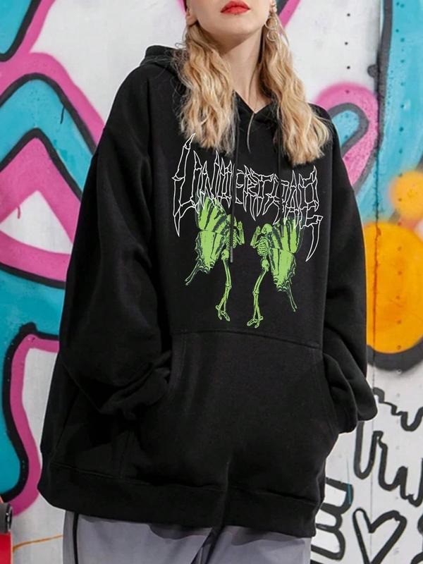Women's Skull Print Drop Shoulder Drawstring Hoodie, Fashion Casual Pocket Hooded Sweatshirt for Daily Holiday Outdoor...