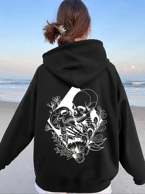 Women's Skull Print Drop Shoulder Hoodie, Fashion Casual Drawstring Pocket Hooded Sweatshirt for Daily Holiday Outdoor...