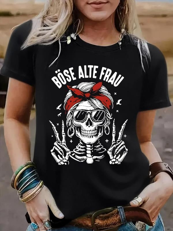 Women's Skull Print Round Neck Tee, Vintage Trendy Casual Short Sleeve T-shirt for Daily Wear, Ladies Summer, Top,...