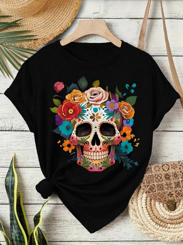 Women's Skull Print Vintage Style Summer Casual Sports Top, Round Neck Short Sleeve T-Shirt, Comfortable Breathable Fit...