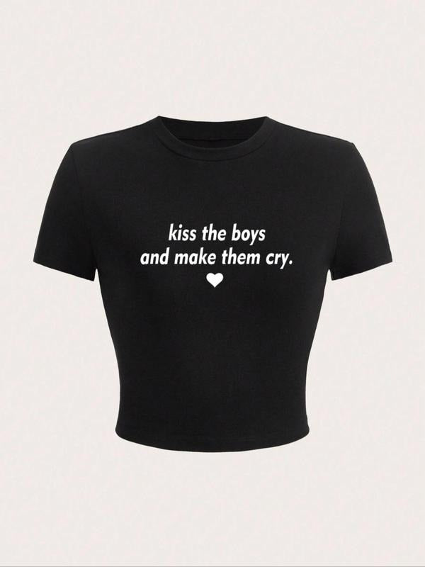 Women's Slogan & Heart Print Round Neck Crop Tee, Fashion Casual Crew Neck Short Sleeve T-shirt for Daily Outdoor Wear,...