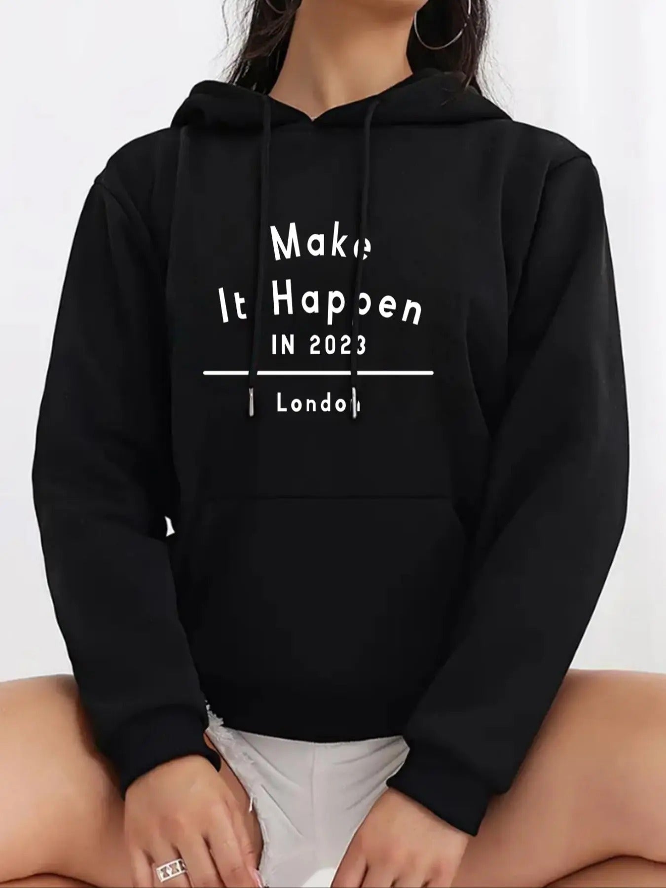 Women's Slogan Print Drawstring Pocket Hoodie, Fashion Casual Hooded Sweatshirt for Daily Holiday Outdoor Wear, Women...