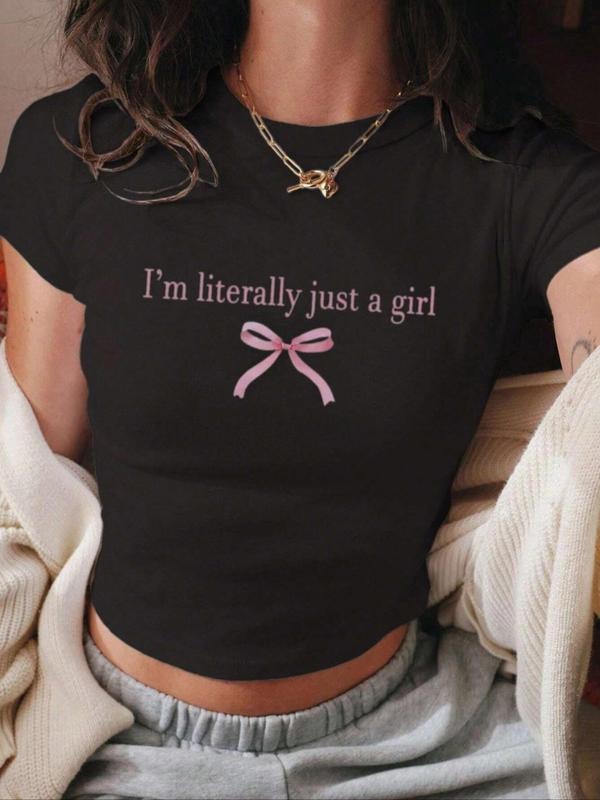 Women's Slogan Print Round Neck Crop Tee, Fashion Casual Bow Graphic Crew Neck Short Sleeve Skinny T-Shirt for Daily...