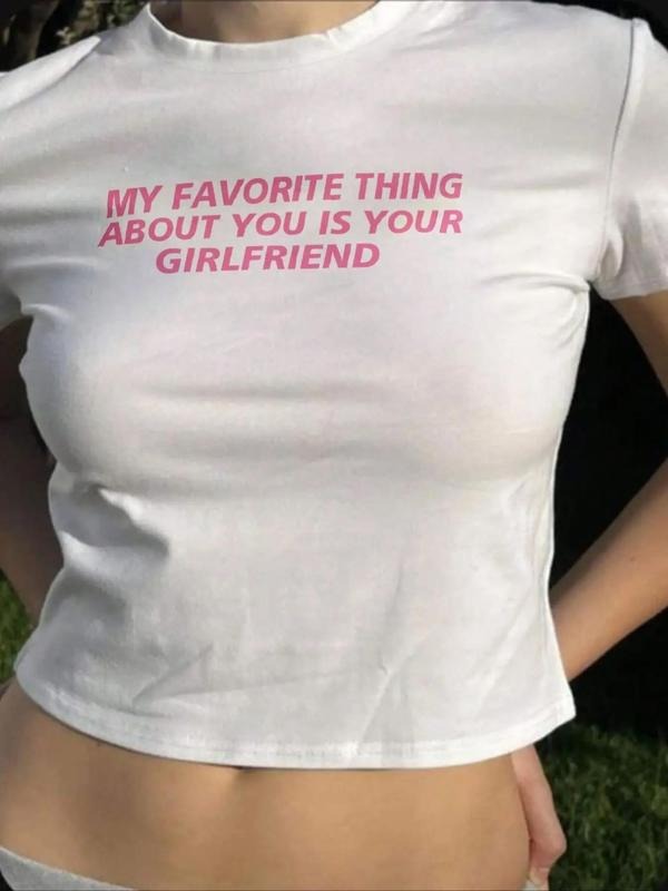 Women's Slogan Print Round Neck Crop Tee, Y2K Short Sleeve Graphic T-shirt, Ladies Summer Clothes for Daily Wear Hoodie,...