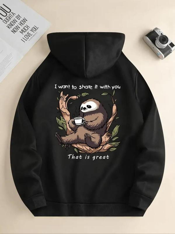 Women's Sloth & Letter Print Drawstring Pocket Hoodie, Fashion Casual Hooded Sweatshirt for Daily Holiday Outdoor Wear,...