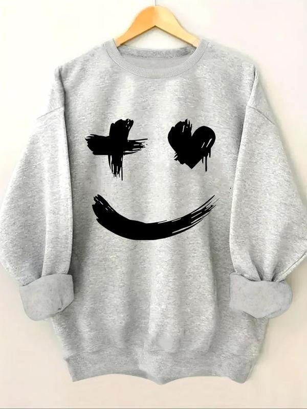 Women's Smile Face Print Drop Shoulder Sweatshirt, Casual Long Sleeve Round Neck Pullover for Fall & Winter, Women's...