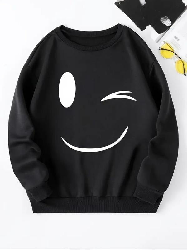 Women's Smile Face Print Drop Shoulder Thermal Lined  Sweatshirt, Casual Long Sleeve Round Neck Pullover for Fall &...